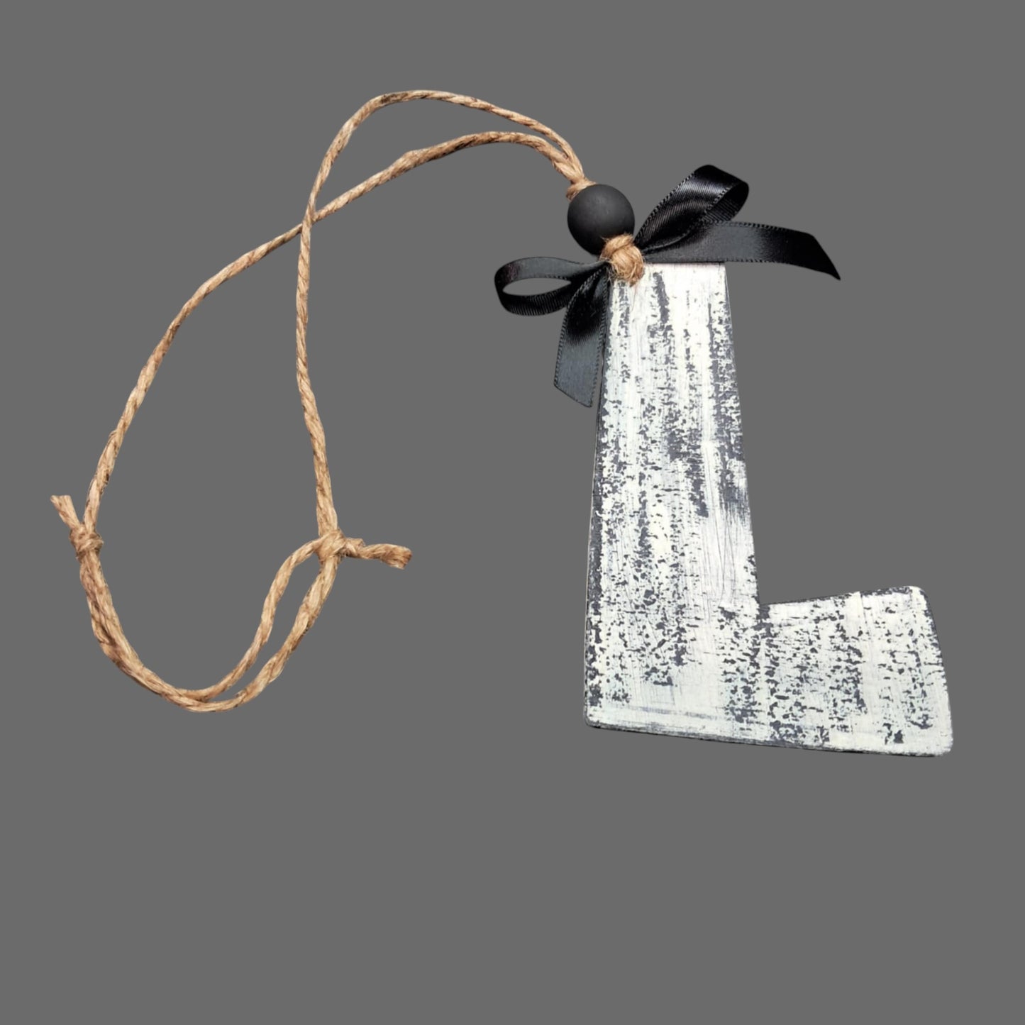 Rustic Wood “L” Car Mirror Charm – Plaster White Chippy Finish with Black Bow