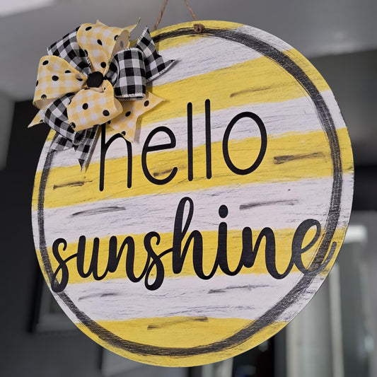Hello Sunshine Door Hanger – 16" Round, Hand Painted Yellow with Polka Dots & Bow – Summer Front Door Décor