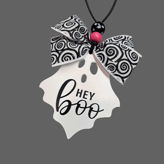 Hey Boo Ghost Car Mirror Charm – Pink & Polka Dot Beads