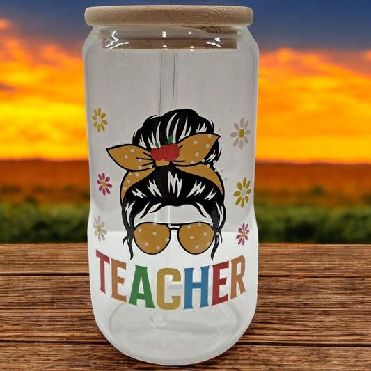 Teacher Iced Coffee Tumbler – 16oz Glass with Bamboo Lid & Reusable Straw – Durable DTF Design – Perfect Teacher Gift
