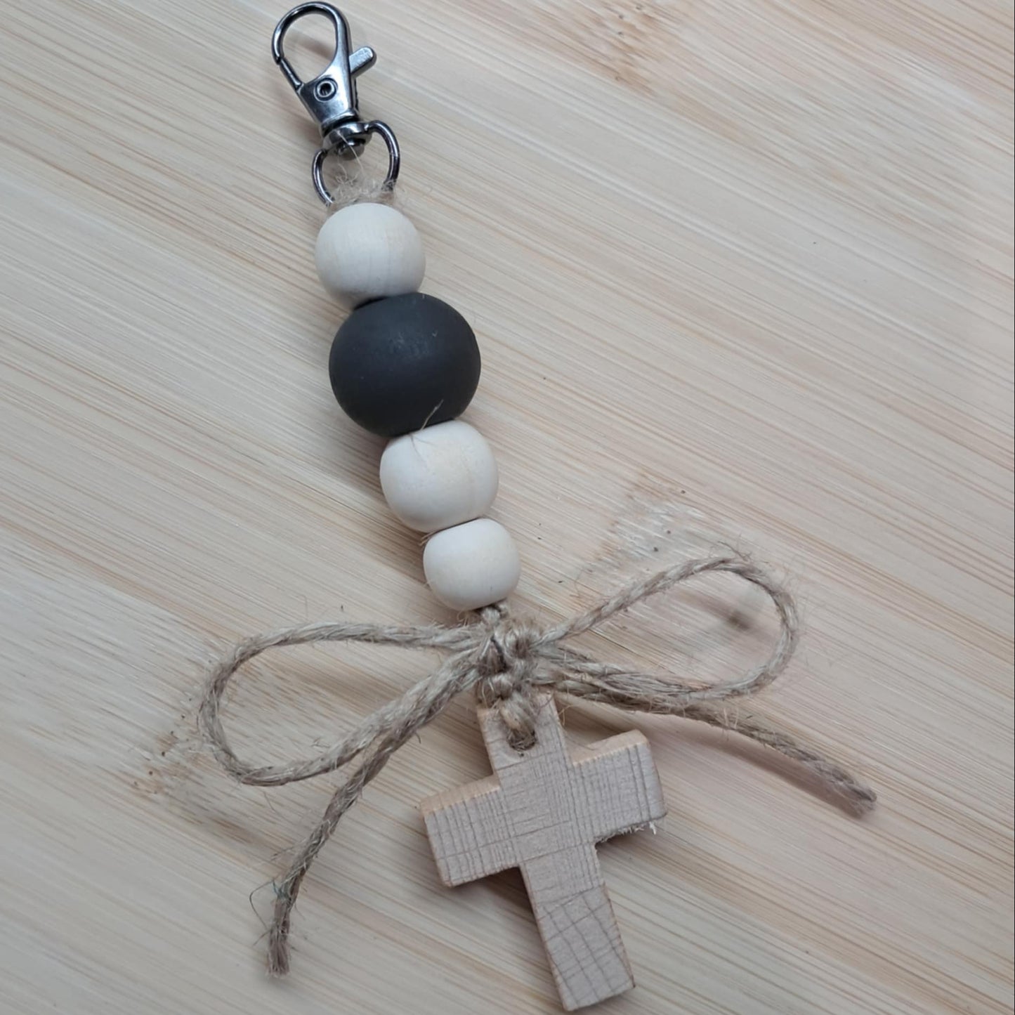 Boho Wood Bead Keychain with Cross