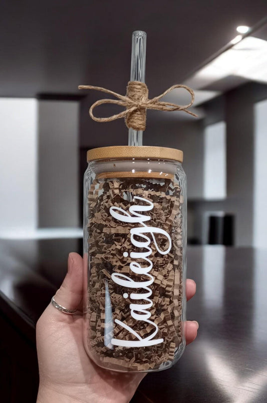 Personalized Name Iced Coffee Cup – Custom Clear Glass Tumbler with Bamboo Lid & Straw