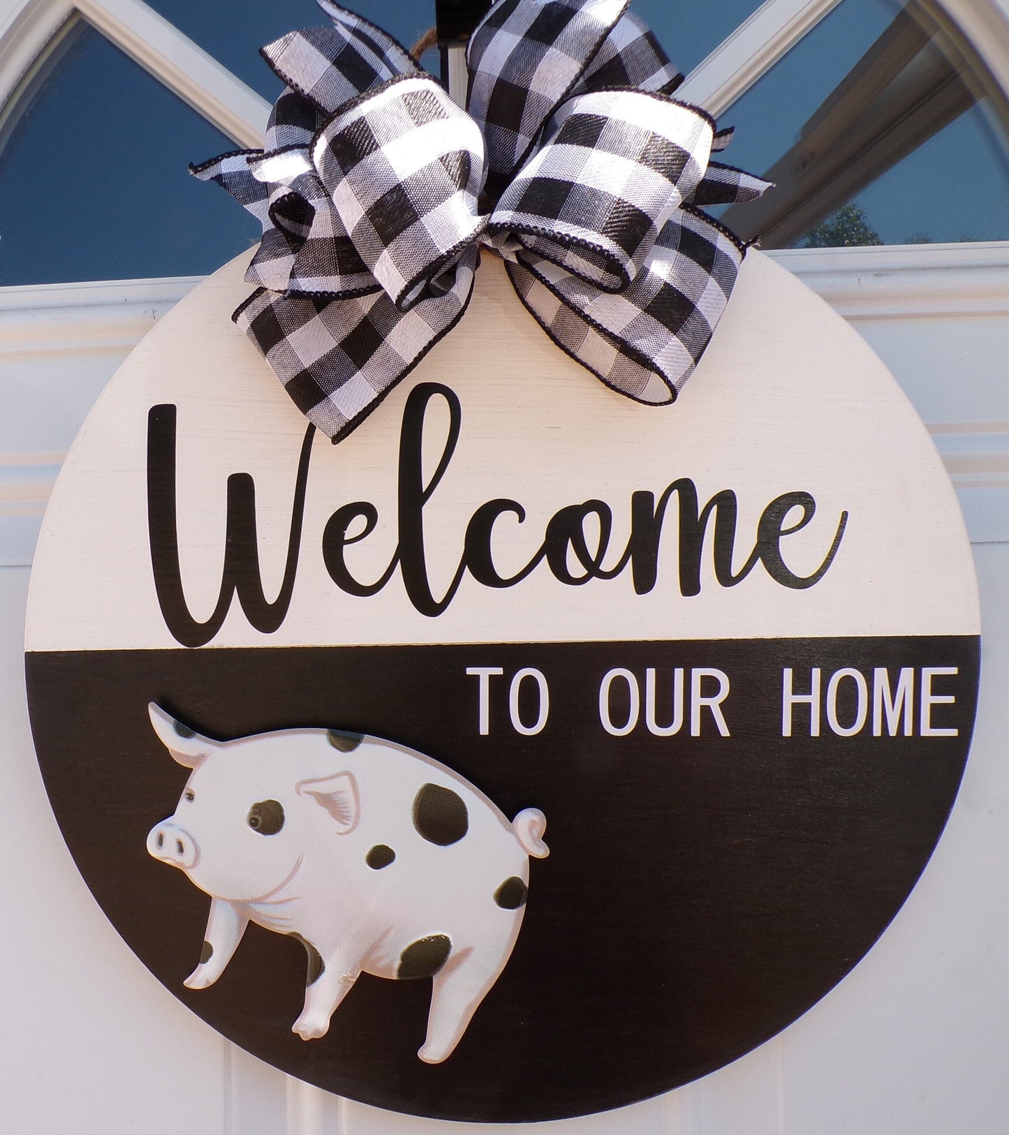Rustic Pig Door Hanger – 3D Metal Pig – Farmhouse Sign – Bow & Jute Rope Hanger – Optional Greenery – Porch Decor – Made to Order