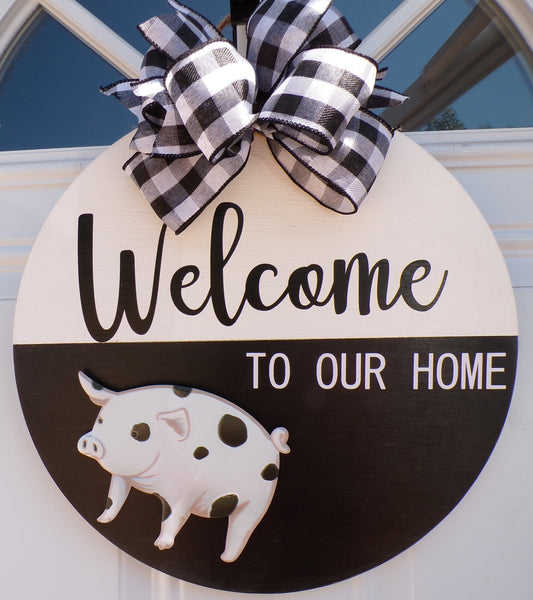 Rustic Pig Door Hanger – 3D Metal Pig – Farmhouse Sign – Bow & Jute Rope Hanger – Optional Greenery – Porch Decor – Made to Order