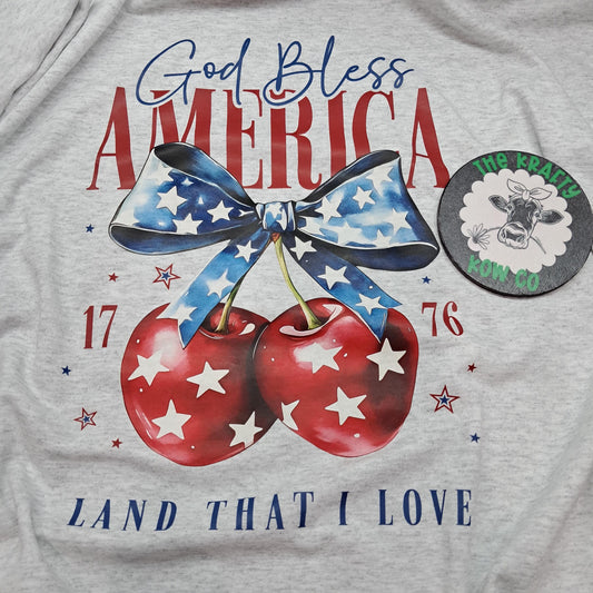 God Bless America T-Shirt • Patriotic Cherry Graphic Tee • 4th of July Shirt for Women • USA Red White & Blue Shirt • Land That I Love Tee
