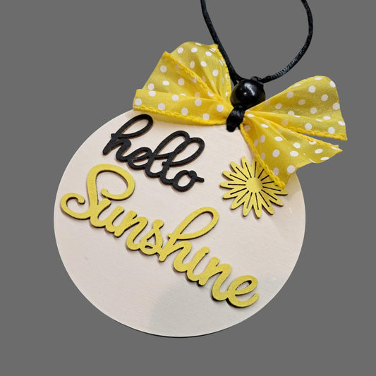 Hello Sunshine Car Mirror Charm – 4" Wood Round – Neutral & Yellow – Beads, Bow & Adjustable Jute Hanger