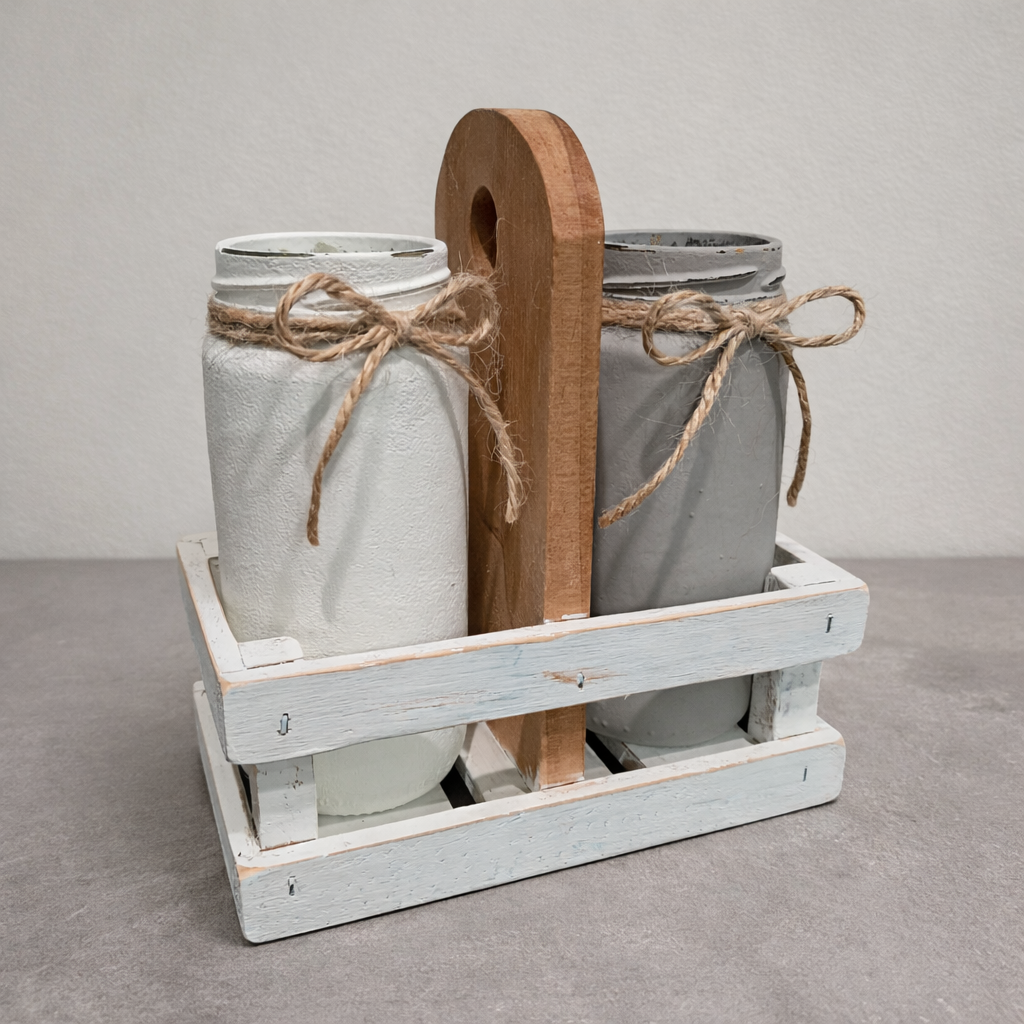One-of-a-Kind Farmhouse Wood Crate Caddy with Glass Jar Vases