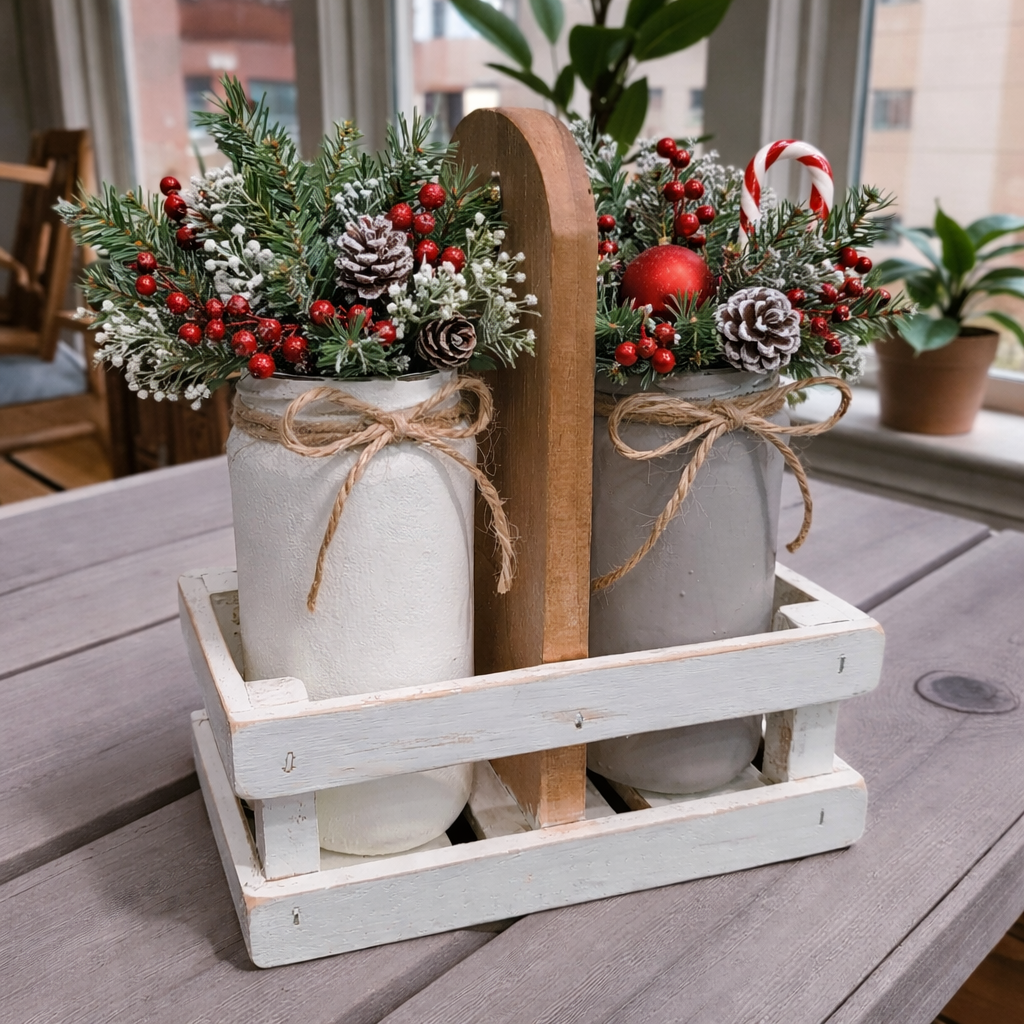 One-of-a-Kind Farmhouse Wood Crate Caddy with Glass Jar Vases