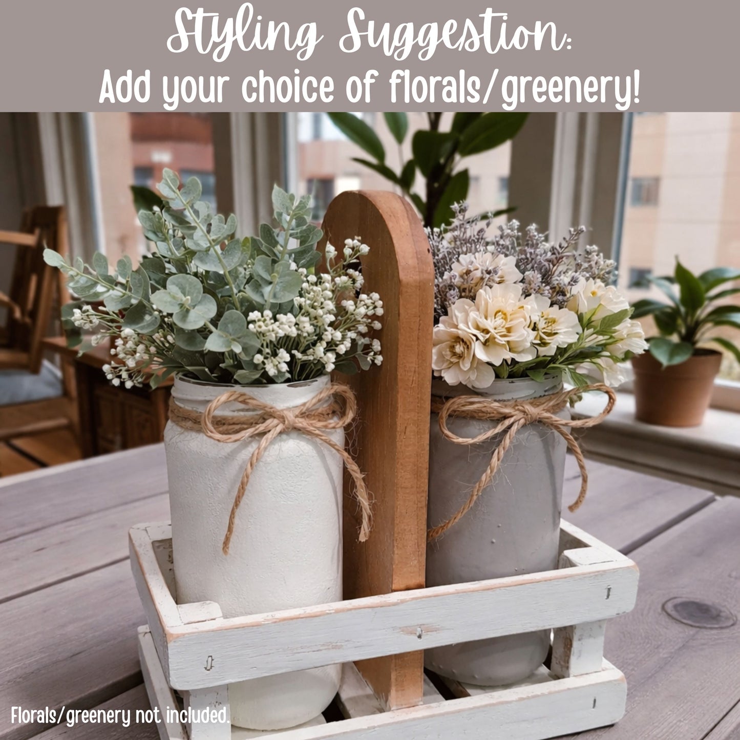 One-of-a-Kind Farmhouse Wood Crate Caddy with Glass Jar Vases