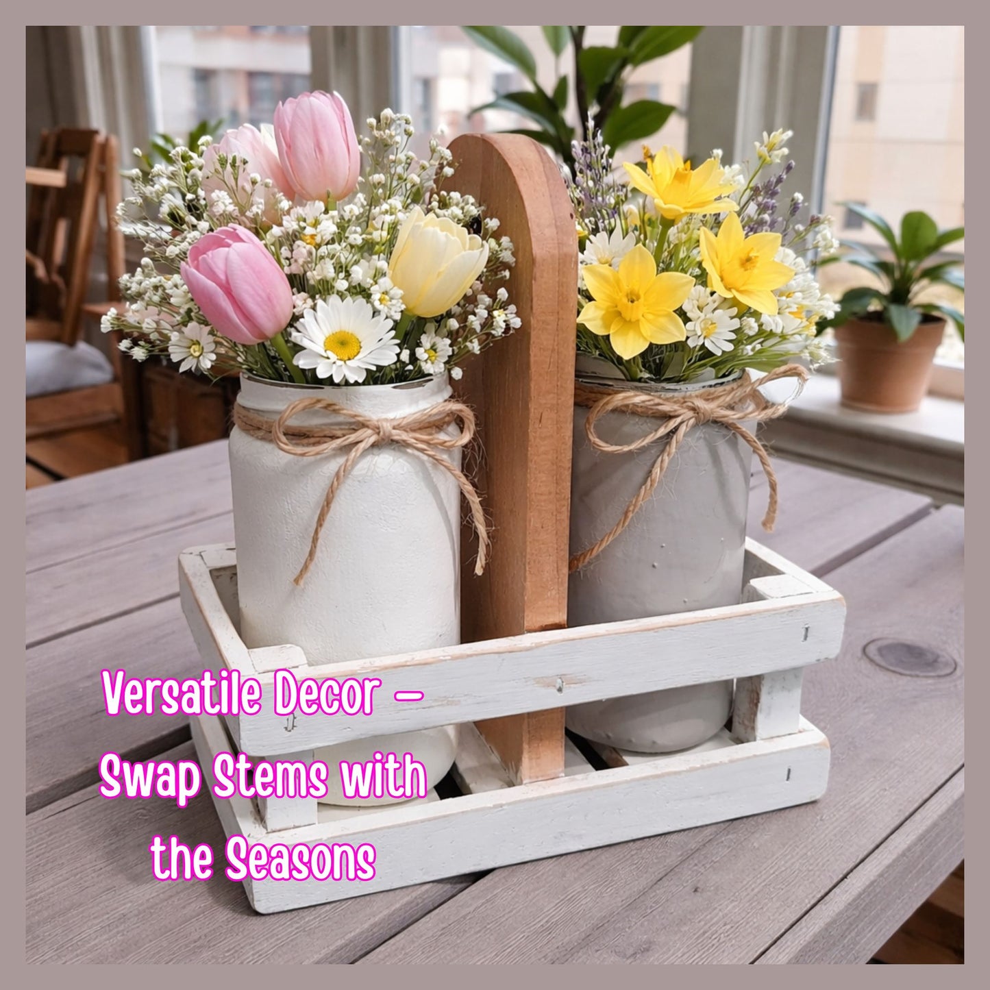 One-of-a-Kind Farmhouse Wood Crate Caddy with Glass Jar Vases
