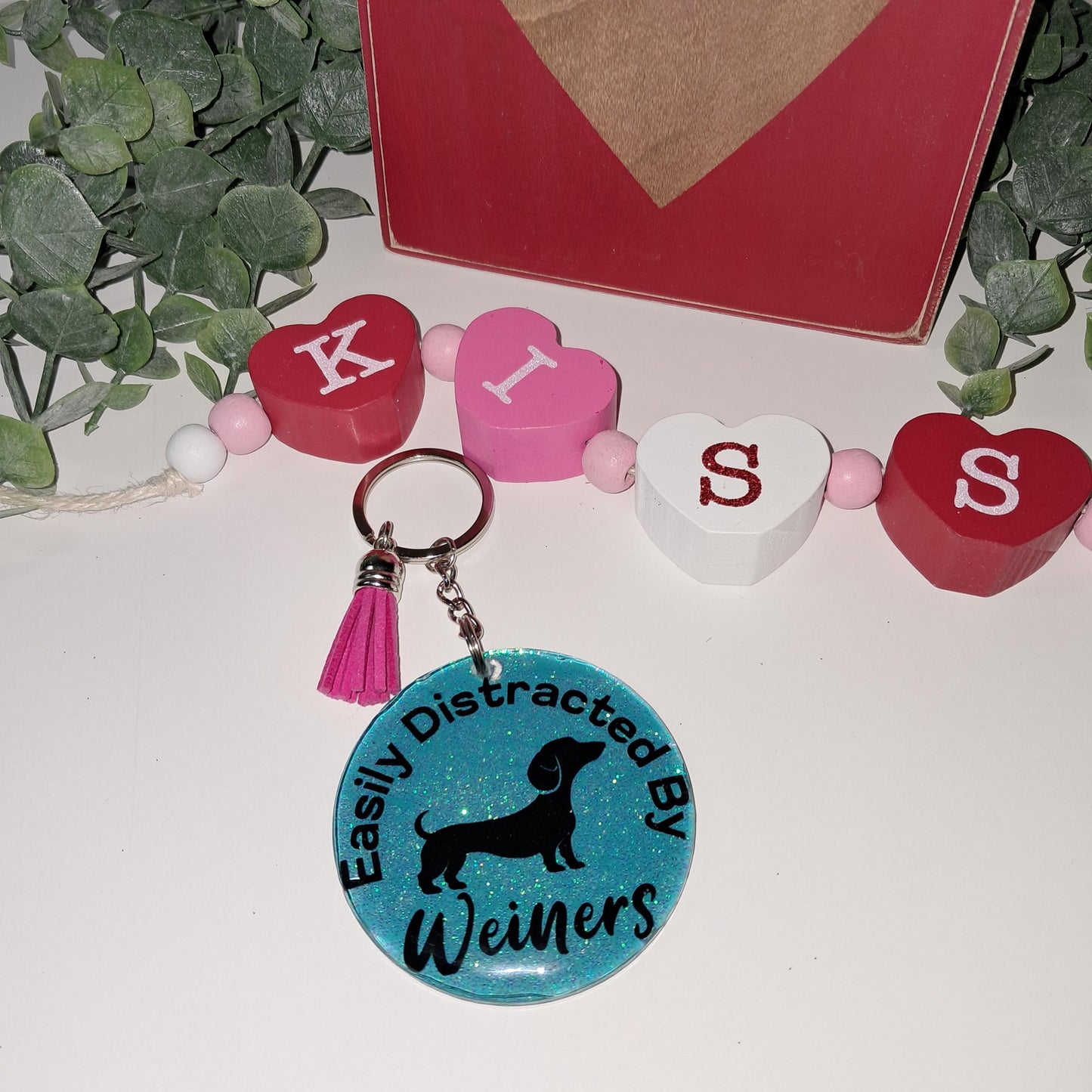 Easily Distracted by Wieners – Glitter Acrylic Keychain with Pink Tassel