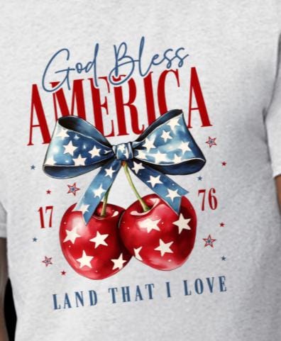 God Bless America T-Shirt • Patriotic Cherry Graphic Tee • 4th of July Shirt for Women • USA Red White & Blue Shirt • Land That I Love Tee