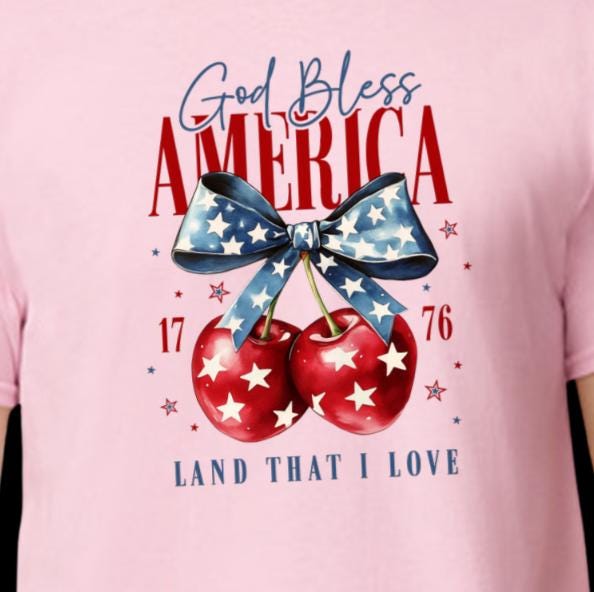 God Bless America T-Shirt • Patriotic Cherry Graphic Tee • 4th of July Shirt for Women • USA Red White & Blue Shirt • Land That I Love Tee