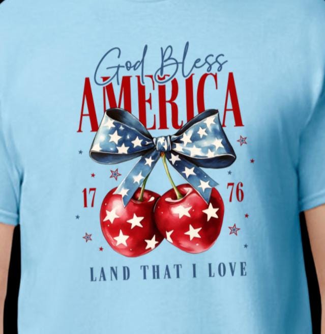 God Bless America T-Shirt • Patriotic Cherry Graphic Tee • 4th of July Shirt for Women • USA Red White & Blue Shirt • Land That I Love Tee