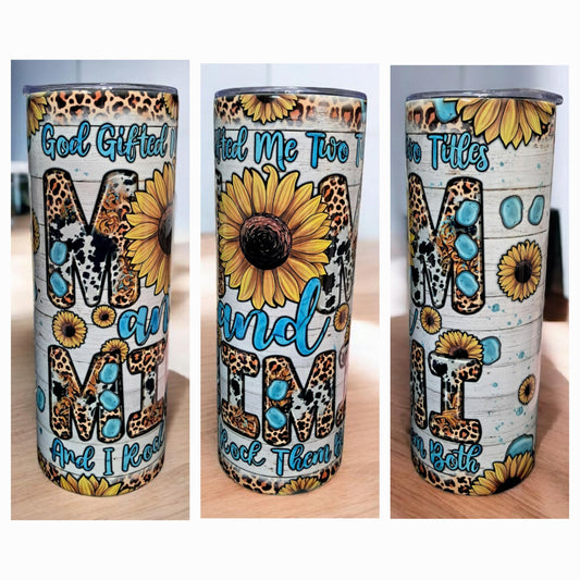20oz Skinny Tumbler | God Gifted Me Two Titles, Mom and Mimi | Stainless Steel Insulated with Straw & Brush | Perfect Gift for Moms & Grandmas