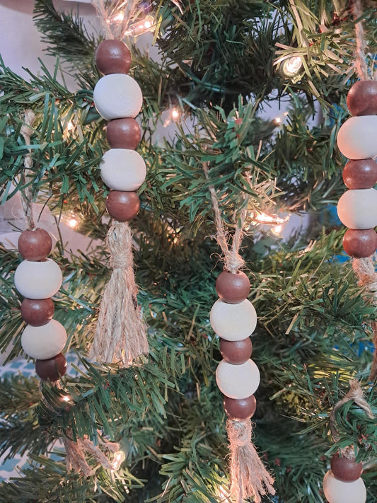 Set of 5 Handmade Boho-Inspired Natural Painted Wooden Bead and Tassel Christmas Ornaments – Wine Bottle Tag Decor
