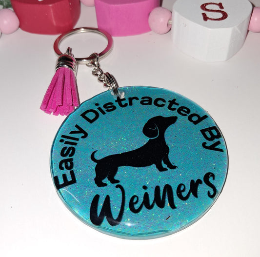 Easily Distracted by Wieners – Glitter Acrylic Keychain with Pink Tassel