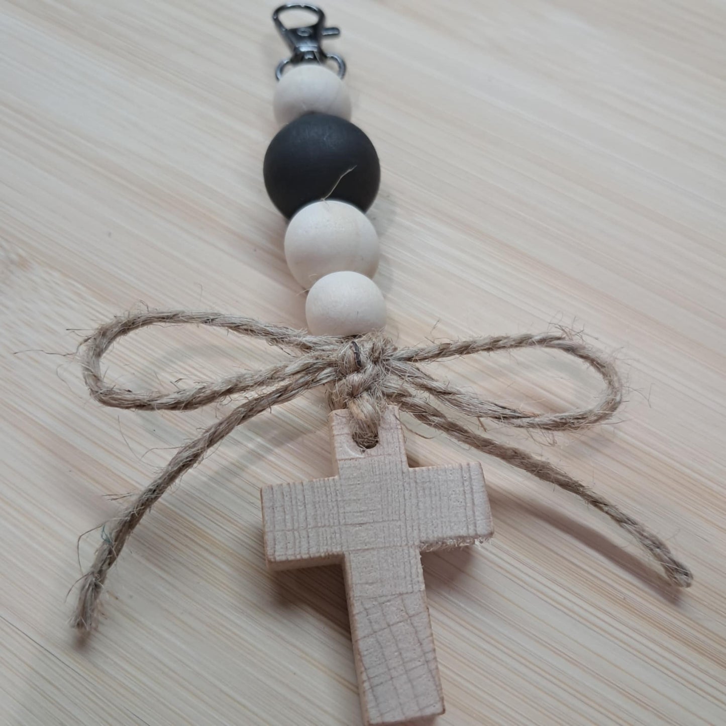 Boho Wood Bead Keychain with Cross