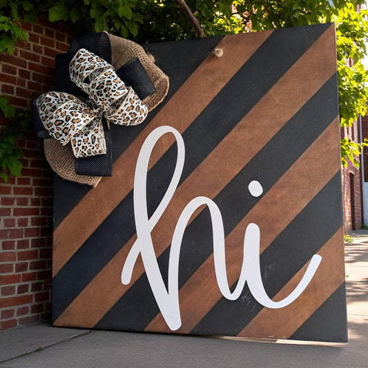 Hi Welcome Door Hanger – Front Porch Sign – Square or Round – Bow & Jute Rope Hanger – Optional Greenery Add-On – Made to Order