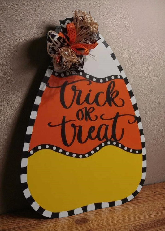 Trick or Treat Candy Corn Door Hanger – 22x15 Hand-Painted, Fall Porch Decor
